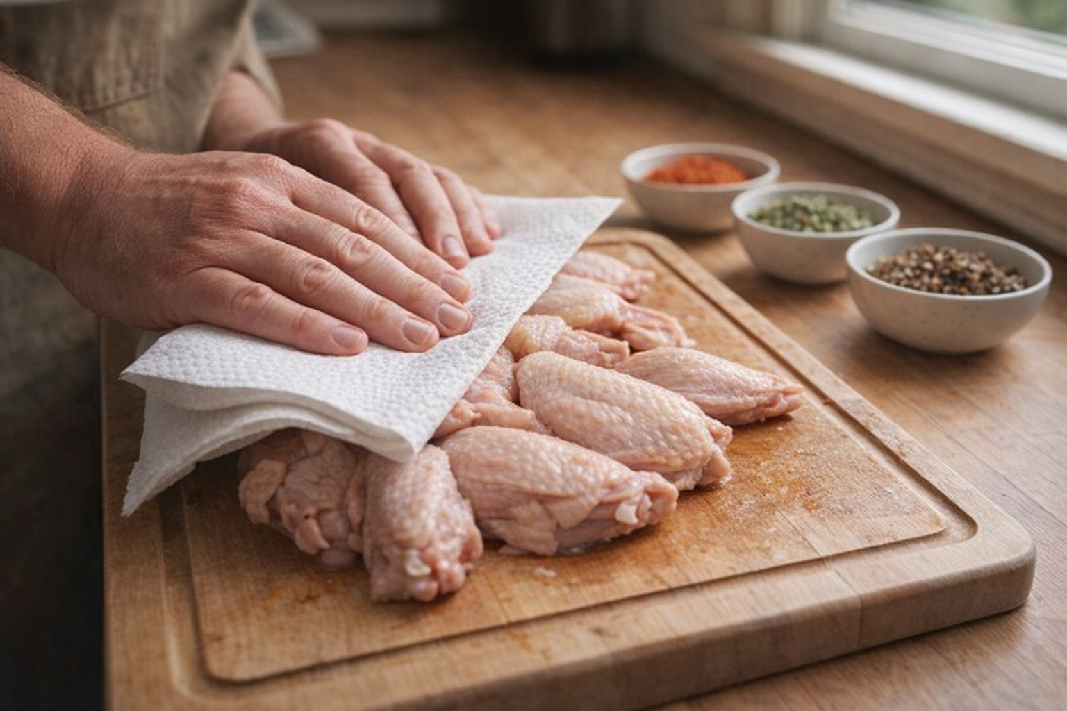 A medium shot of raw chicken wings being patted dry with a paper towel on a cutting board, spices in small bowls in the background, natural kitchen light